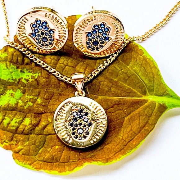 NWOT Hamsa Hand, Evil Eye Earring and Necklace with Charm set, Gold Filled 18" - Picture 13 of 14